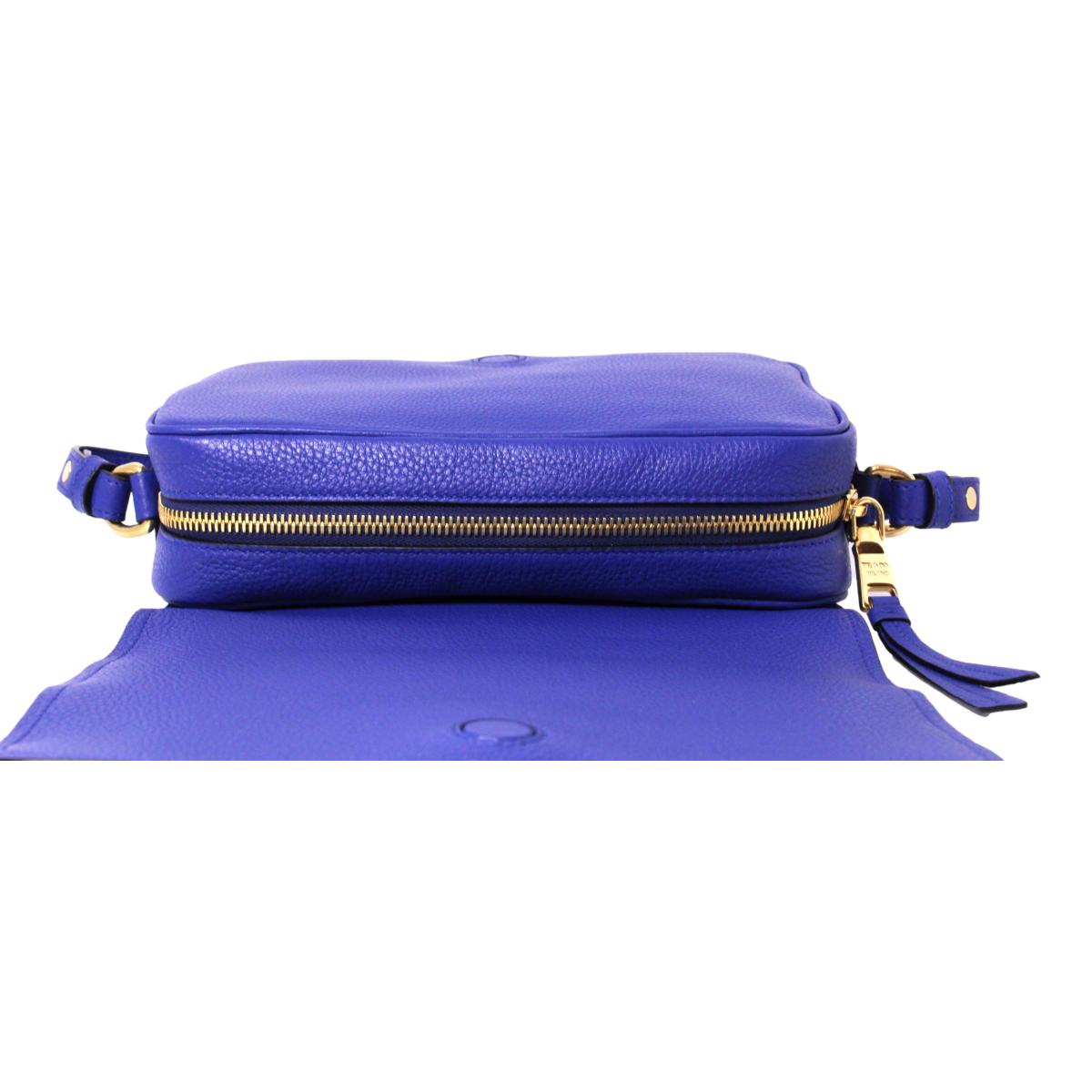 Prada Vitello Phenix Royal Blue Leather Flap Crossbody Bag 1BD163