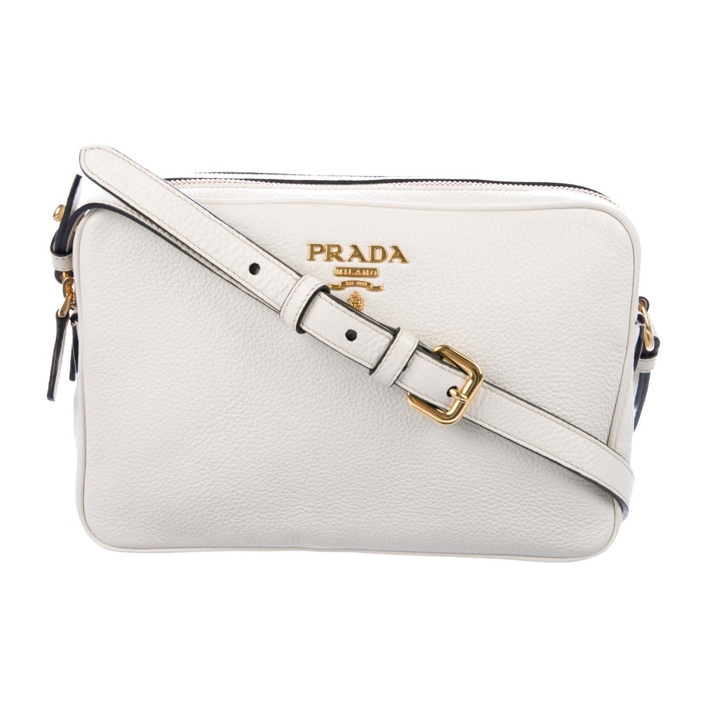 Prada Vitello Phenix White Leather Double Zip Camera Crossbody 1BH079
