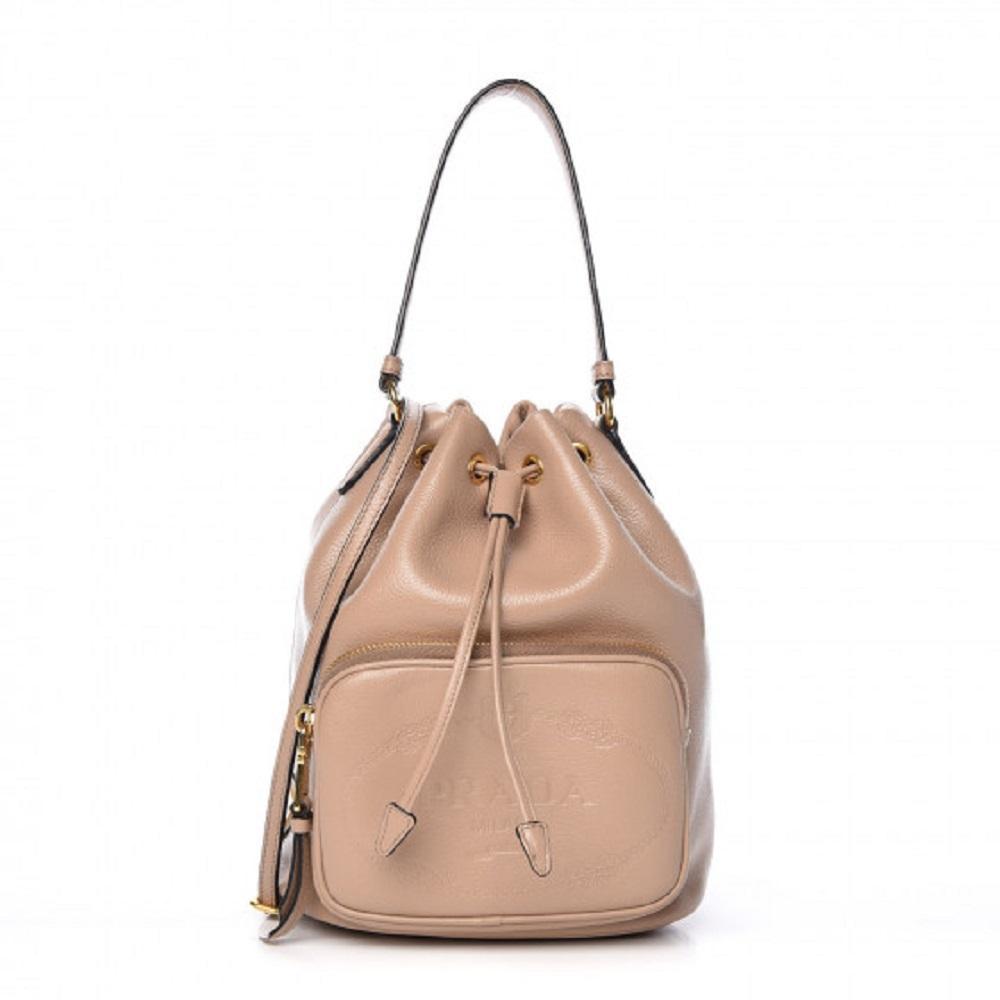 Prada Beige Glace Calf Leather Logo Small Bucket Crossbody Bag 1BH038