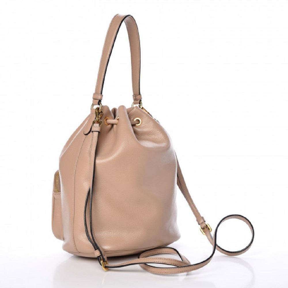 Prada Beige Glace Calf Leather Logo Small Bucket Crossbody Bag 1BH038