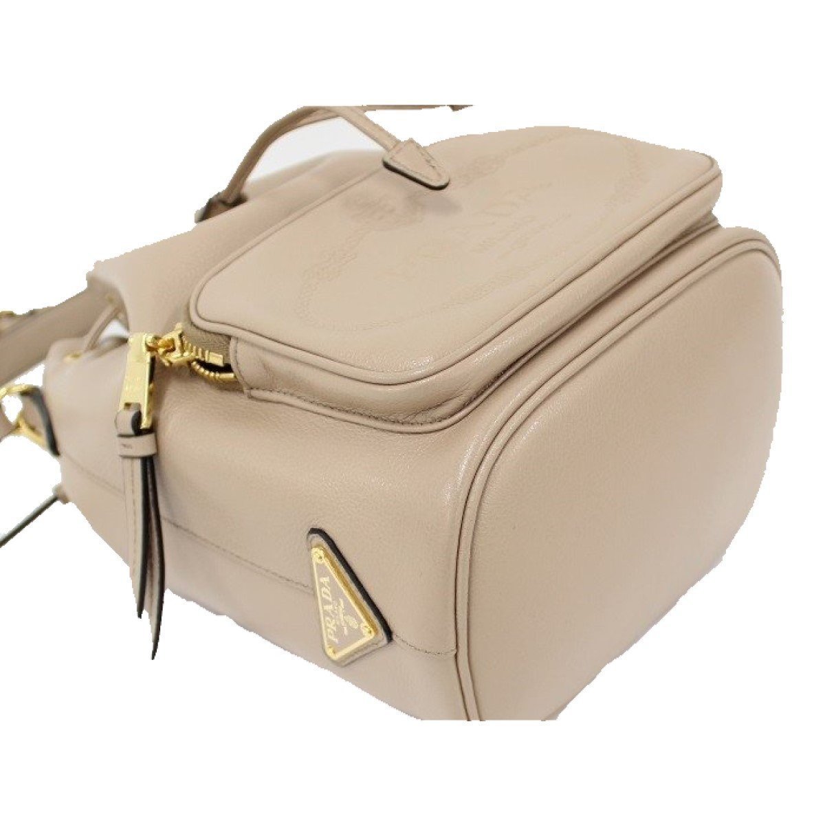 Prada Beige Glace Calf Leather Logo Small Bucket Crossbody Bag 1BH038