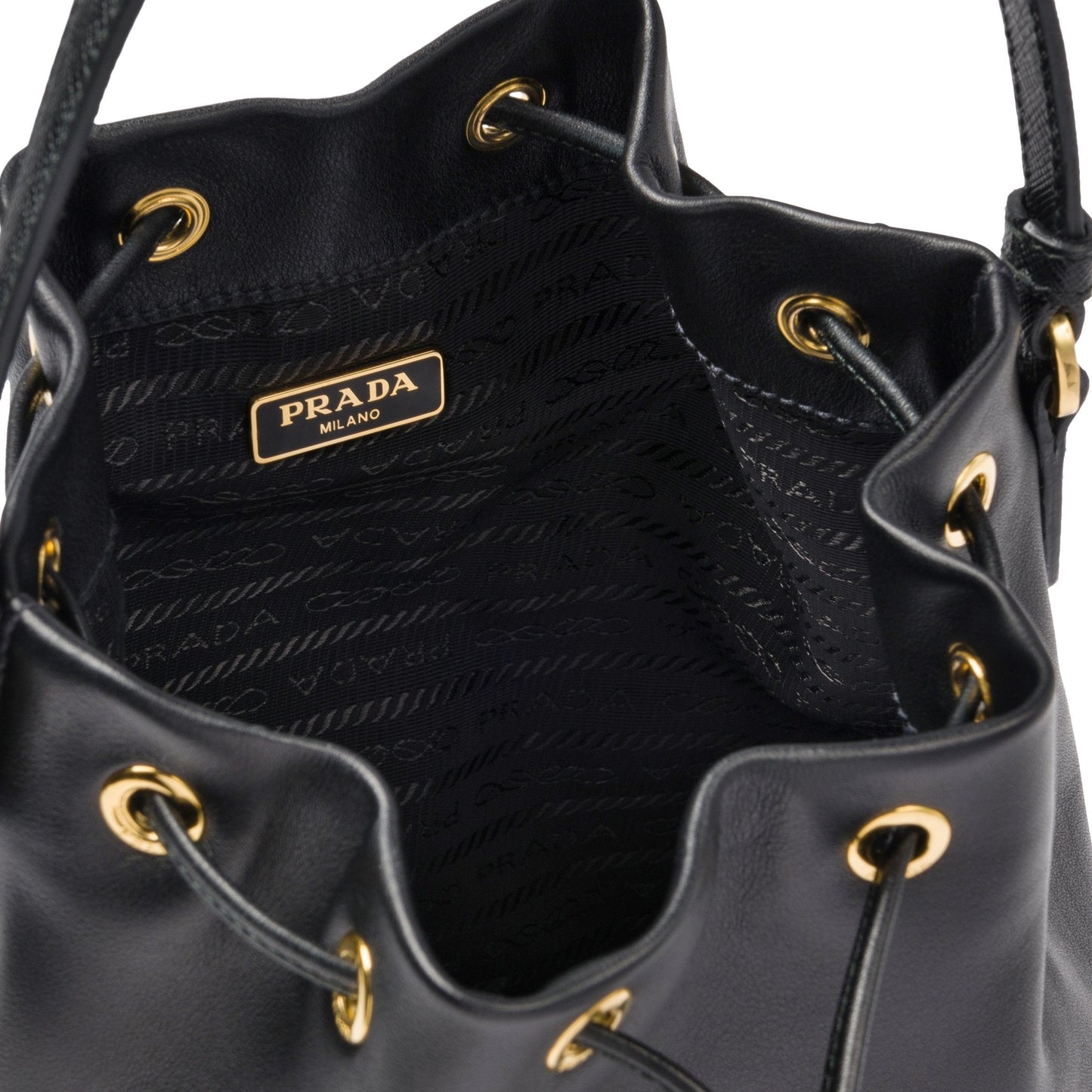 Prada Black Glace Calf Leather Logo Small Bucket Crossbody Bag 1BH038