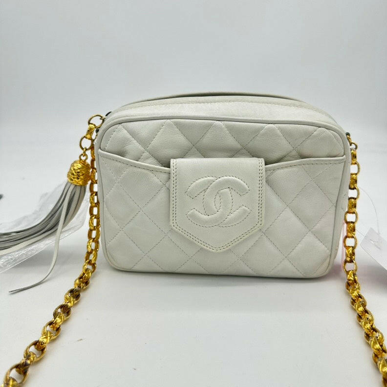 Vintage Chanel White Lambskin Quilted Camera Chain Bag