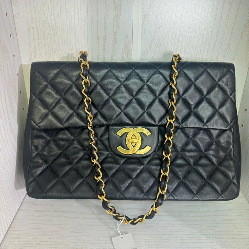 Vintage Chanel Black Lambskin Single Flap Maxi Quilted Shoulder Bag