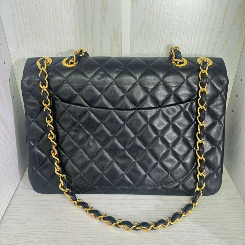 Vintage Chanel Black Lambskin Single Flap Maxi Quilted Shoulder Bag