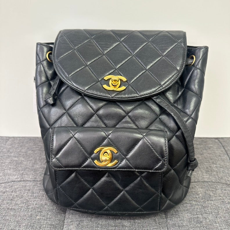 Chanel Vintage Black Lambskin Double Turn-Lock Backpack Medium