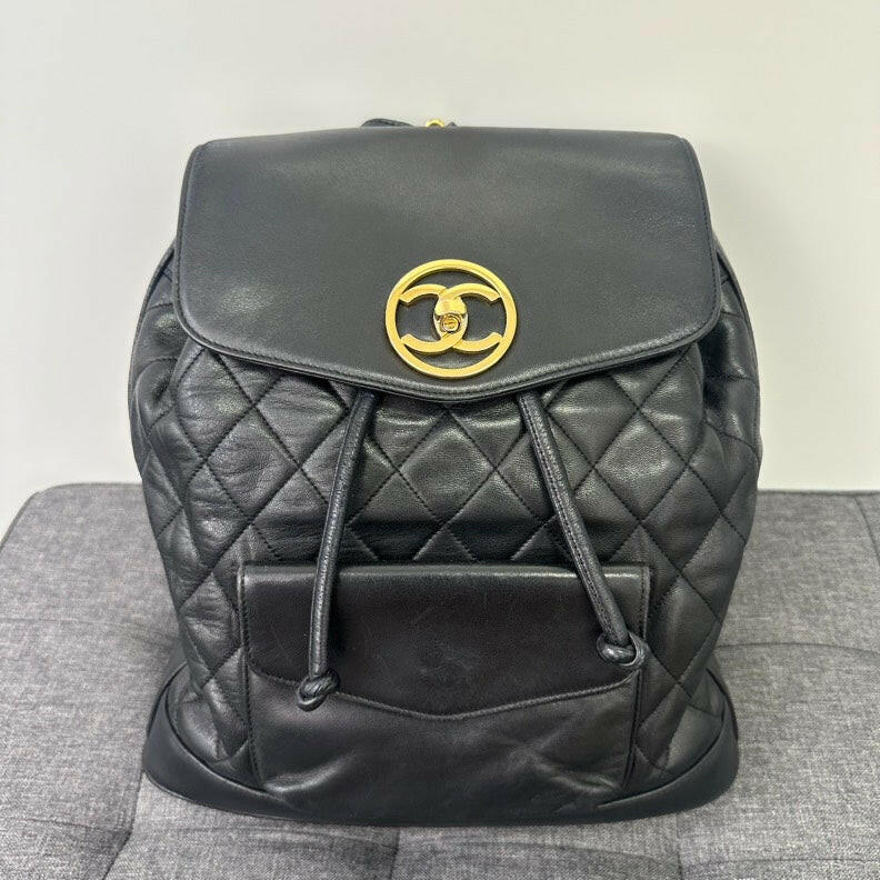 Chanel Vintage Black Lambskin Turn-lock Chain Backpack