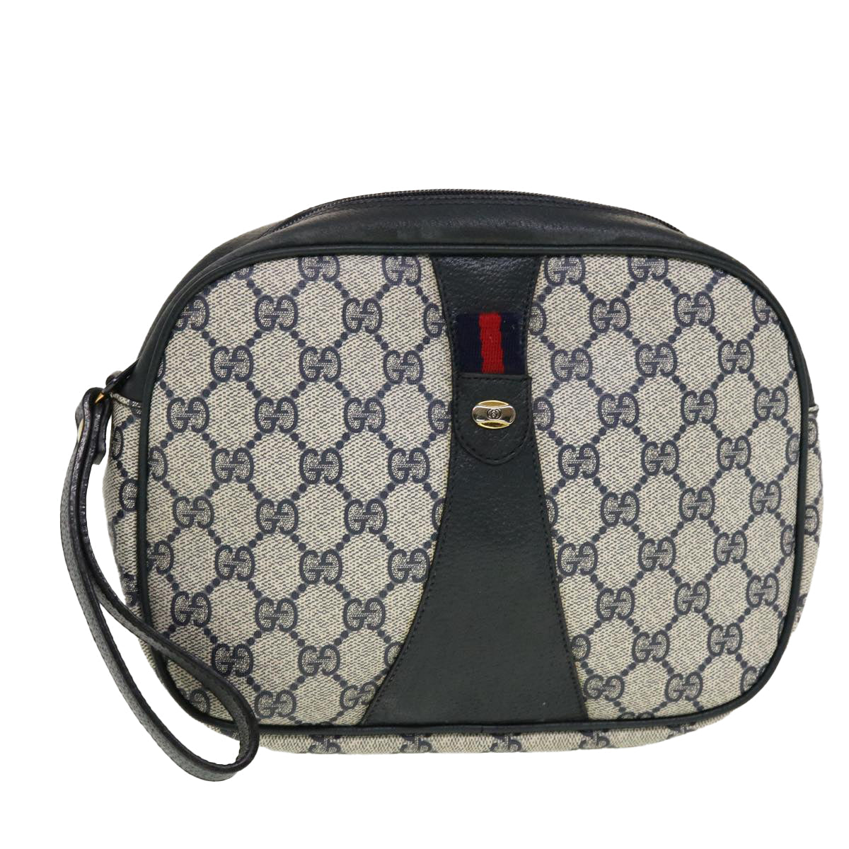 GUCCI GG Canvas Sherry Line Clutch Bag Gray Red Navy