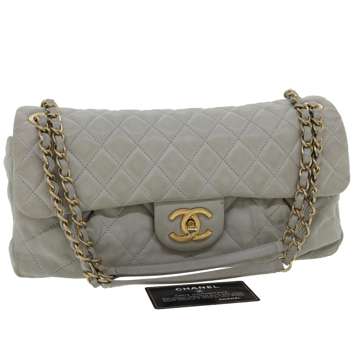 CHANEL Lamb Skin Matelasse Double Chain Shoulder Bag Gray CC Auth am1097g