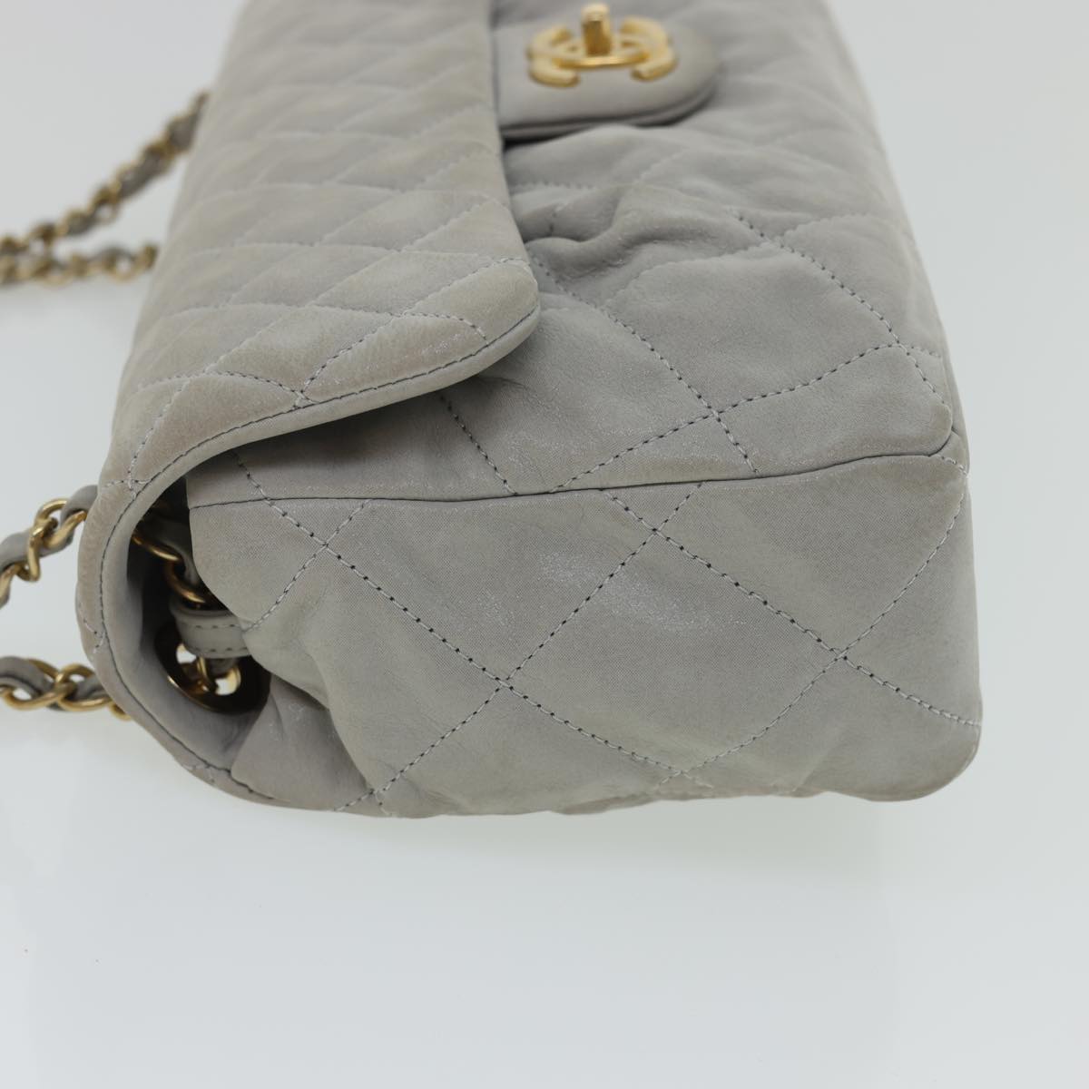 CHANEL Lamb Skin Matelasse Double Chain Shoulder Bag Gray CC Auth am1097g