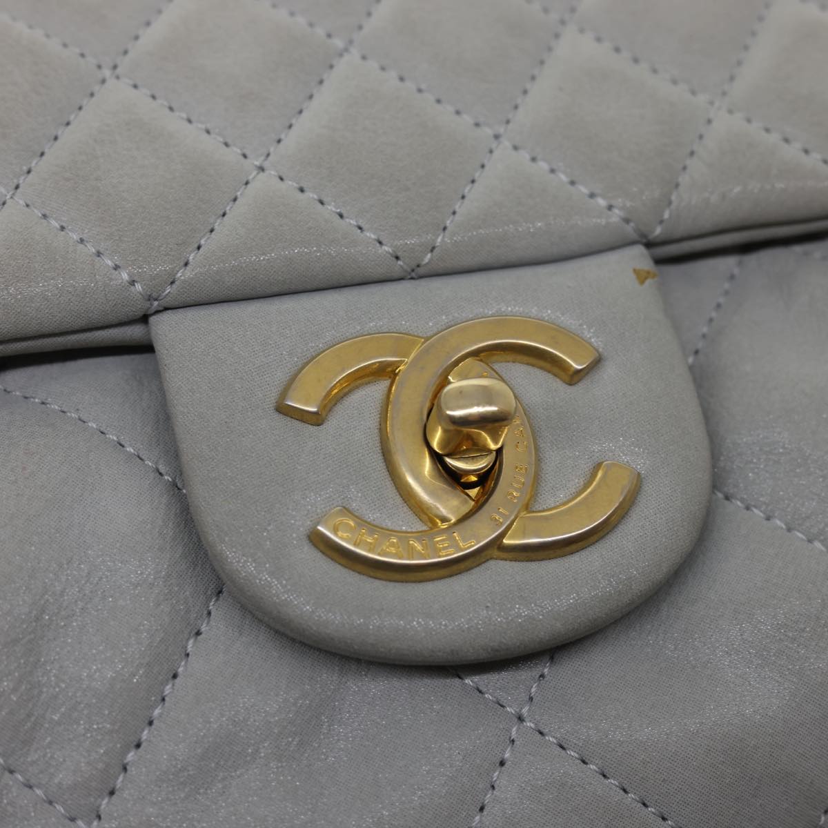 CHANEL Lamb Skin Matelasse Double Chain Shoulder Bag Gray CC Auth am1097g