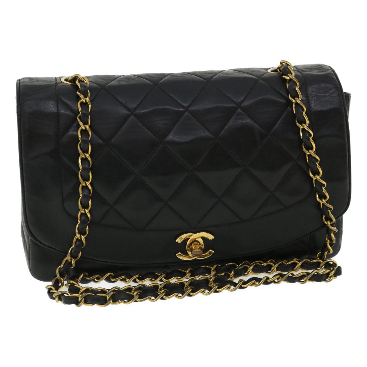 CHANEL Diana Matelasse Chain Flap Shoulder Bag Lamb Skin Black Gold Auth 25036A