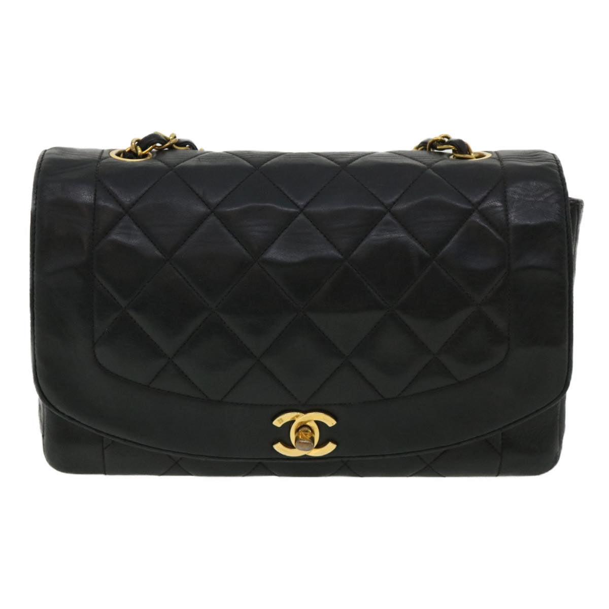 CHANEL Diana Matelasse Chain Flap Shoulder Bag Lamb Skin Black Gold Auth 25036A