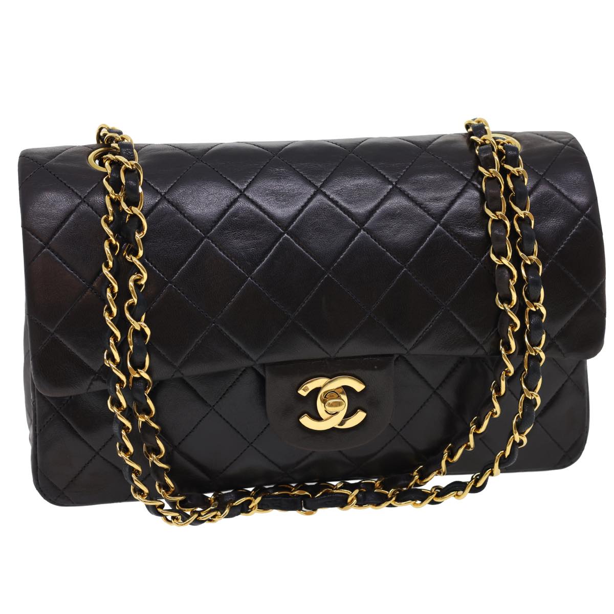 CHANEL Classic Matelasse 25 Chain Flap Shoulder Bag Lamb Skin Black Auth hs649A