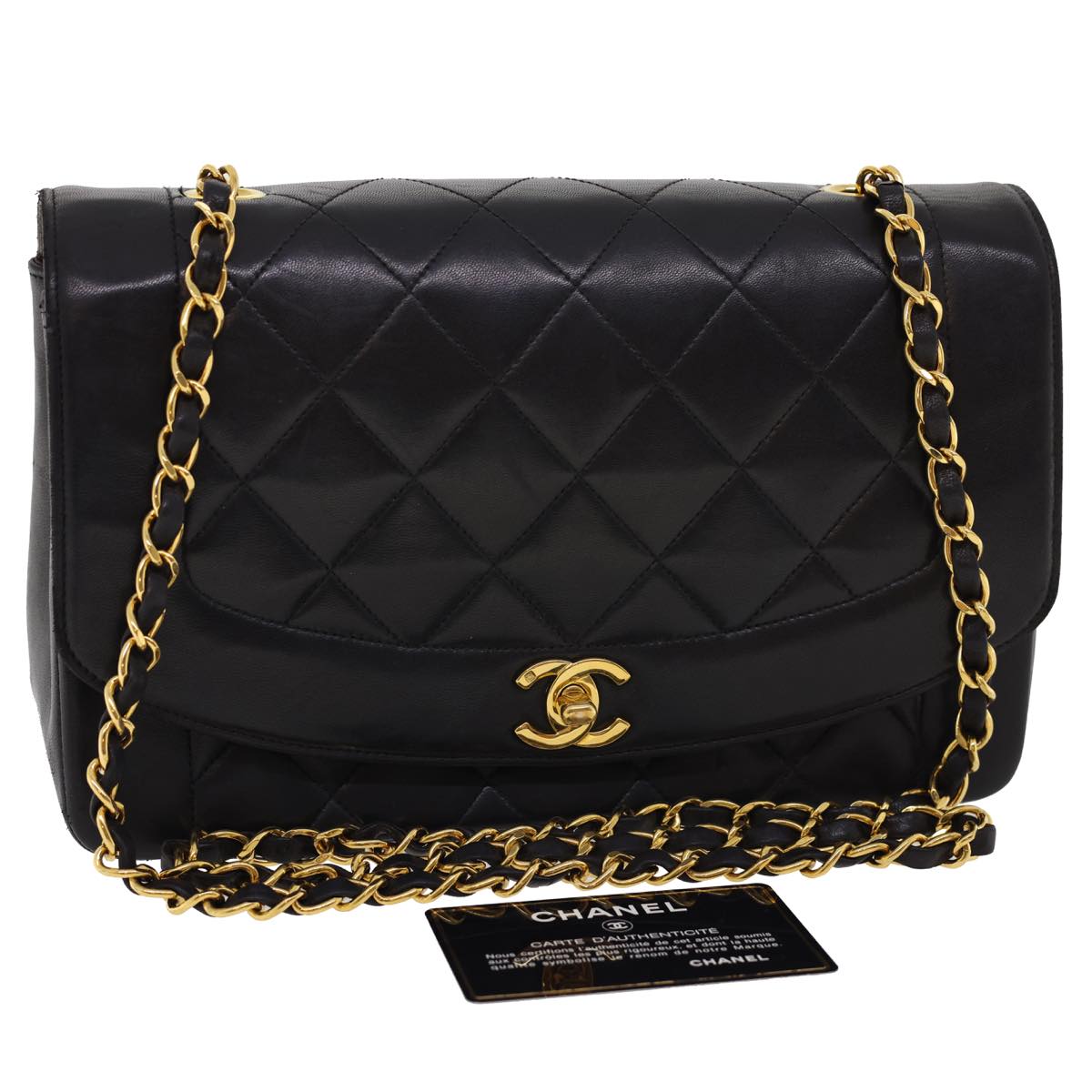 CHANEL Chain Turn Lock Diana Matelasse Shoulder Bag Lamb Skin Black Auth rz036A