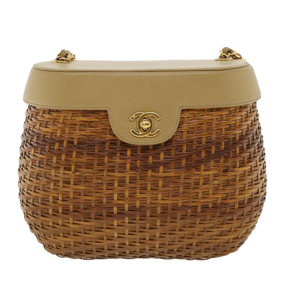 CHANEL Basket Chain Shoulder Bag Leather rattan Brown CC Auth 31896A