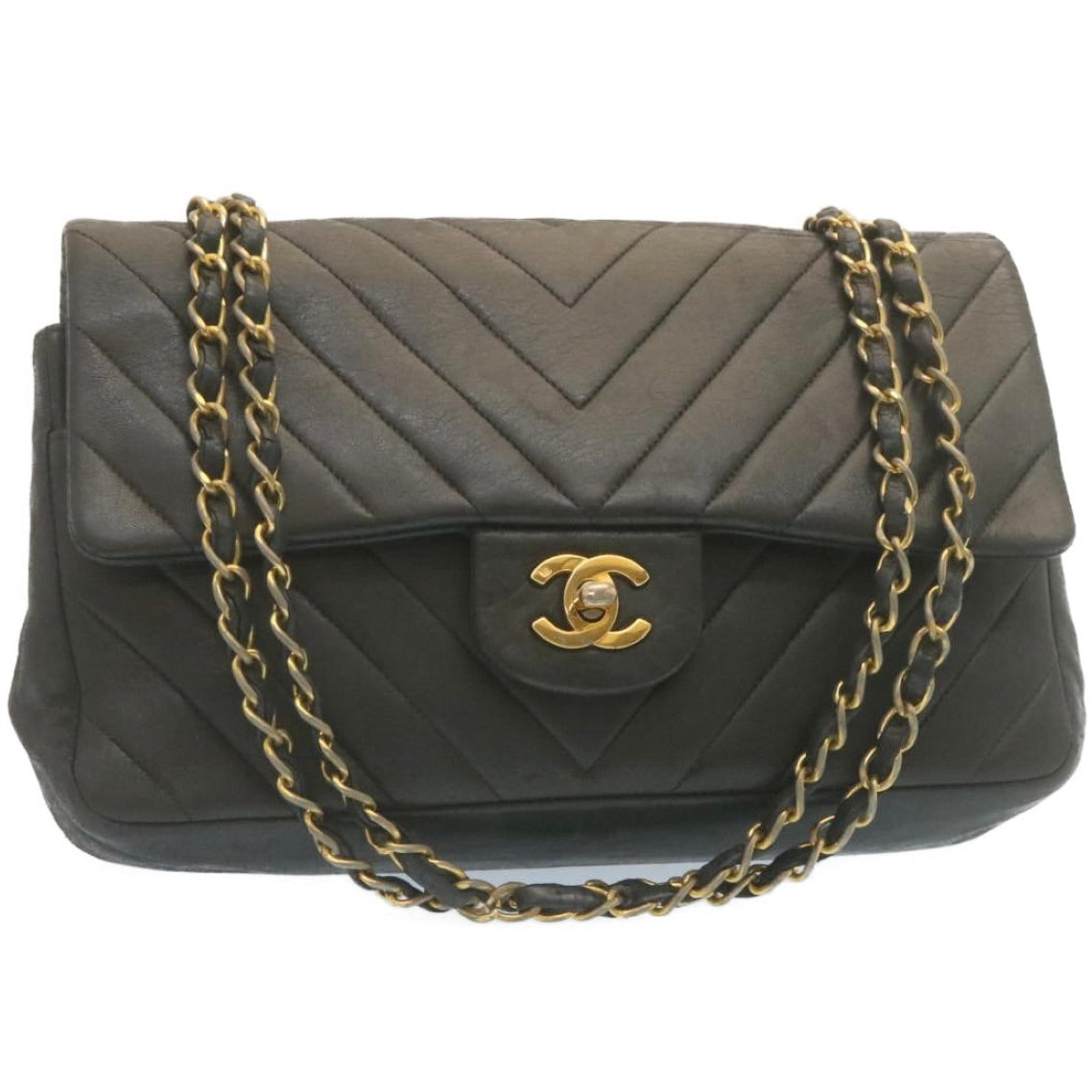 CHANEL Mademoiselle Turn Lock Flap Shoulder Bag Lamb Skin Black CC Auth tp204A