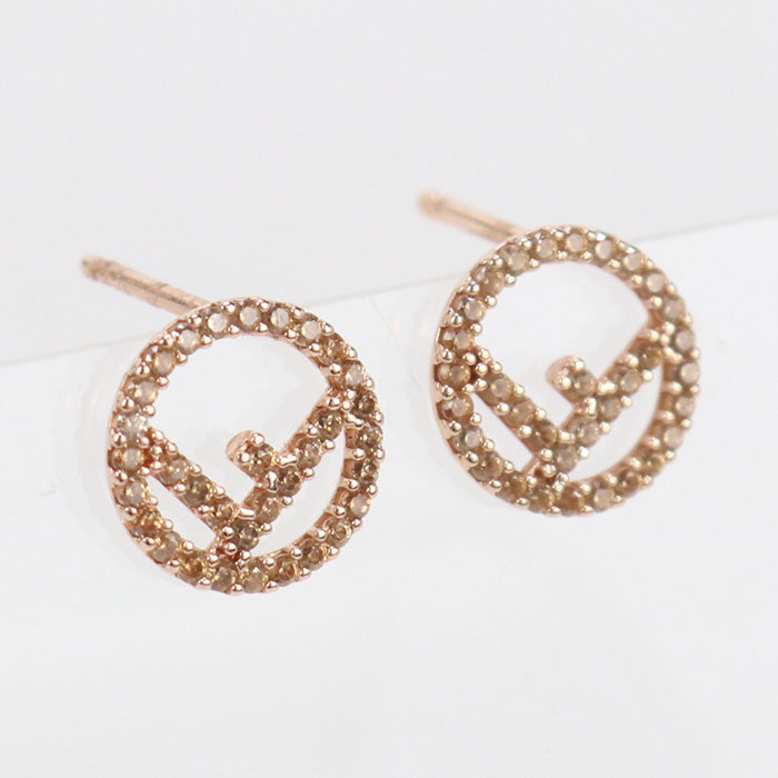 FENDI 8AG738 F is Fendi Pavé Logo stand earrings Pierce Gold Plated. Rhinestone gold Women