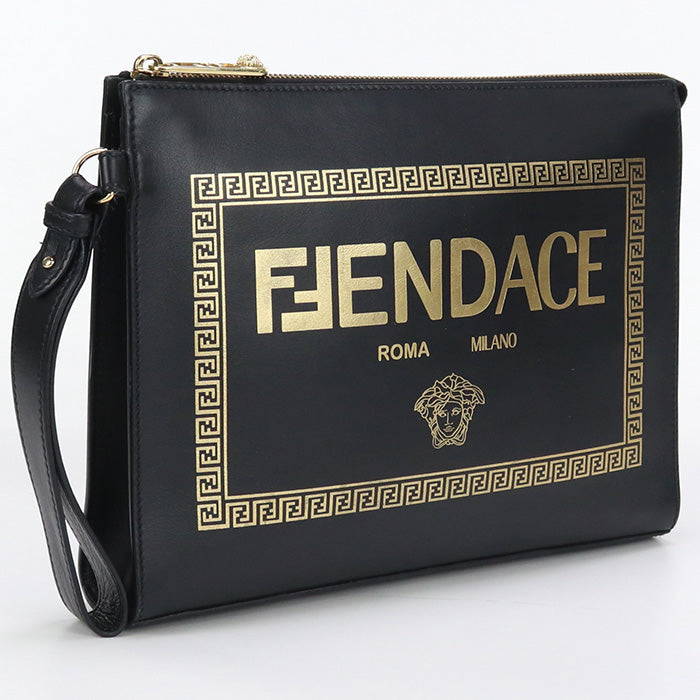 FENDI 7VA491 Clutch bag FENDACE Second bag leather black unisex