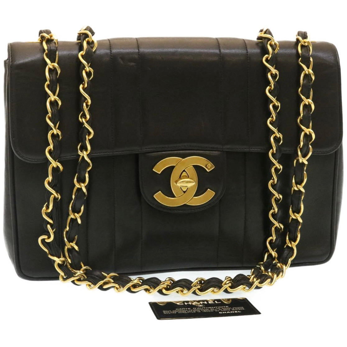 CHANEL Mademoiselle Big COCO Mark Chain ShoulderBag Lamb Skin Black Auth yk4080A