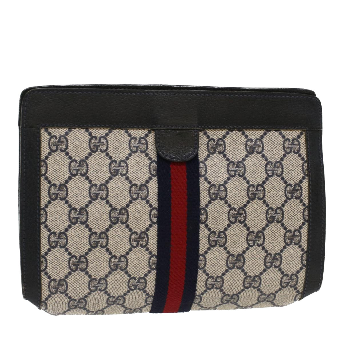 GUCCI GG Canvas Sherry Line Clutch Bag PVC Leather Navy Red