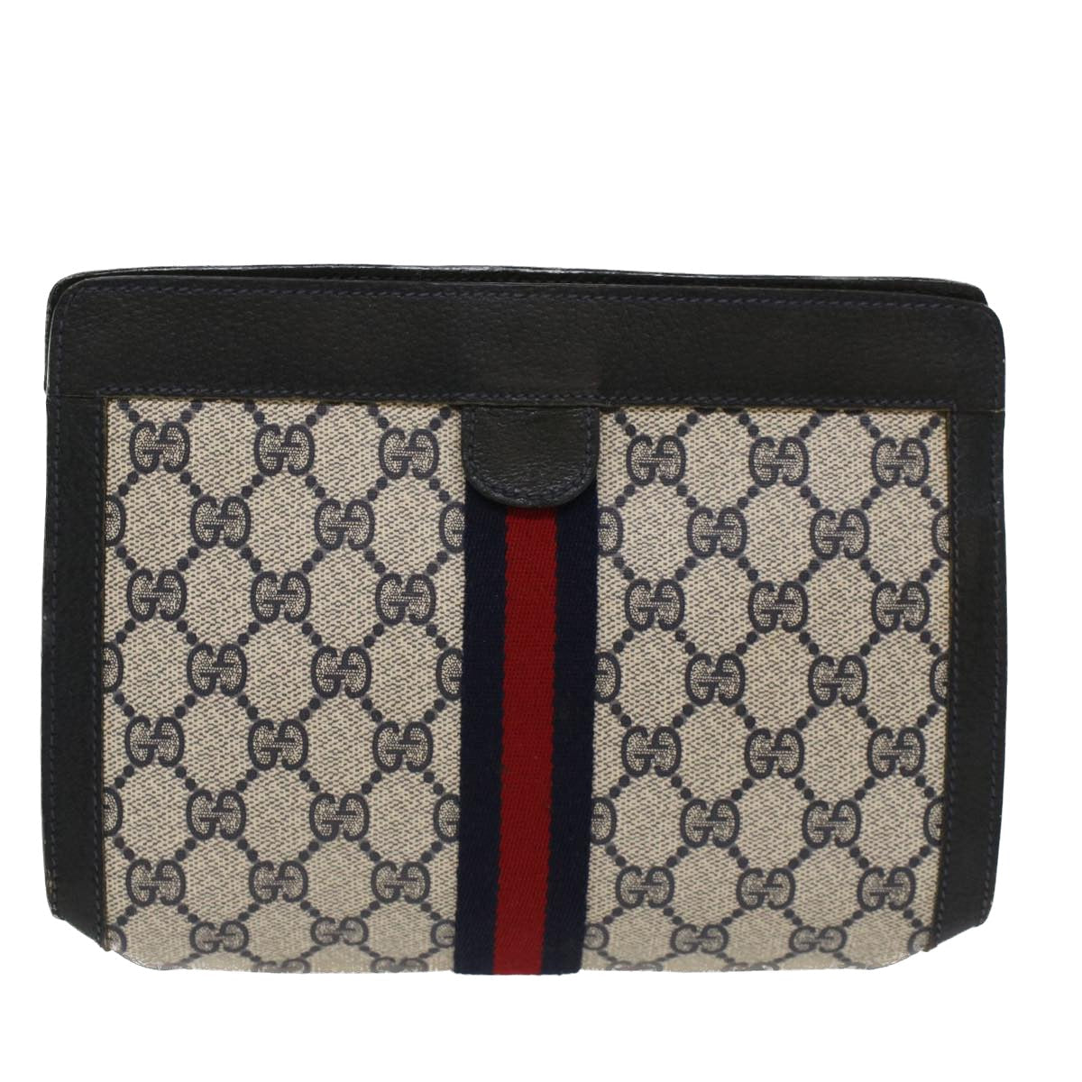 GUCCI GG Canvas Sherry Line Clutch Bag PVC Leather Navy Red