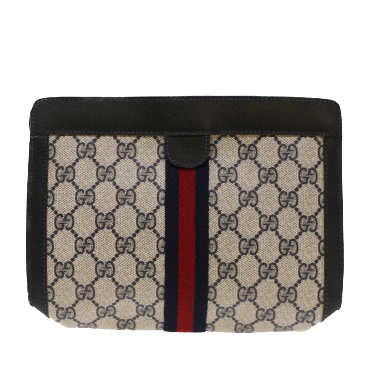 GUCCI GG Canvas Sherry Line Clutch Bag PVC Leather Navy Red
