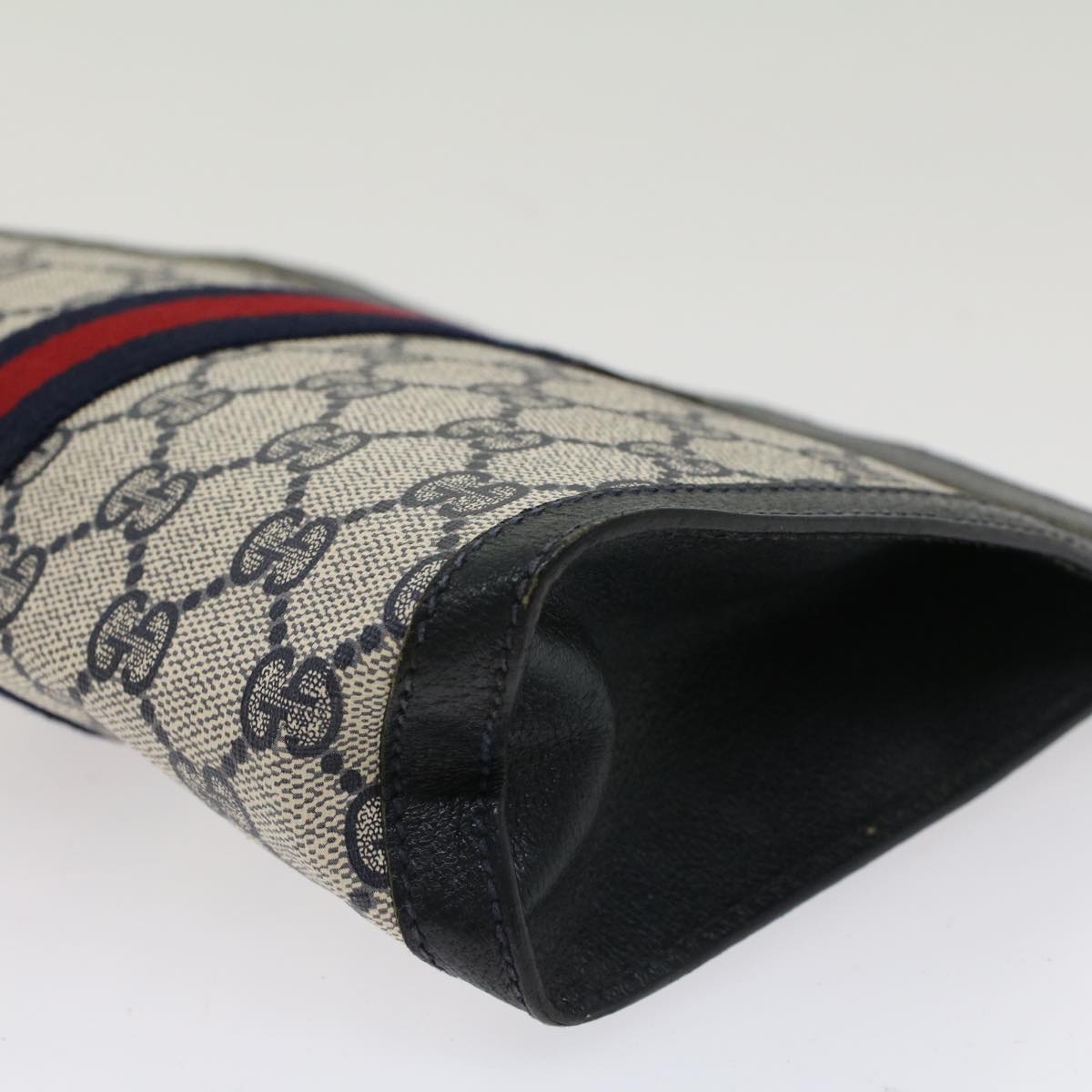 GUCCI GG Canvas Sherry Line Clutch Bag PVC Leather Navy Red