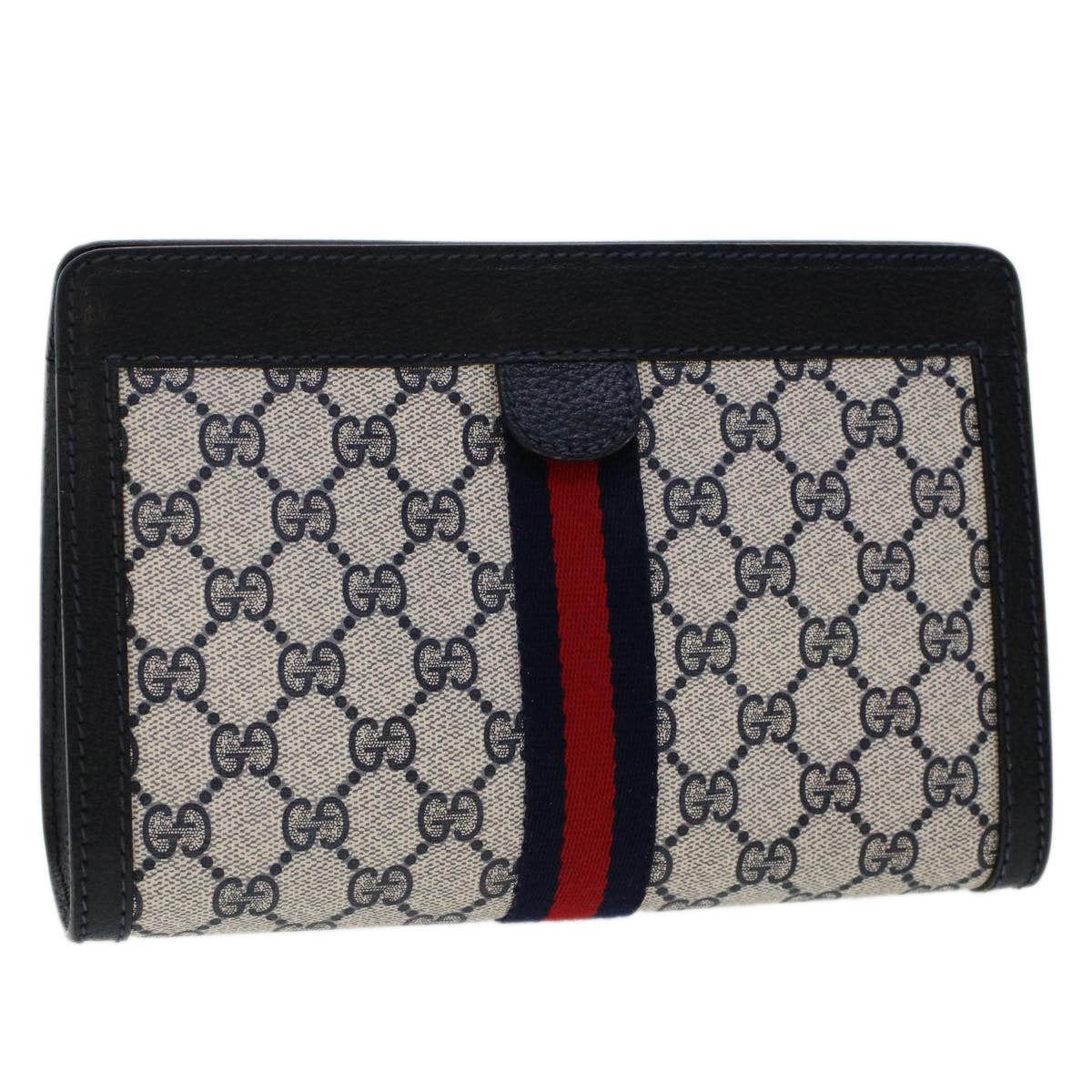 GUCCI GG Canvas Sherry Line Clutch Bag PVC Leather Navy Red