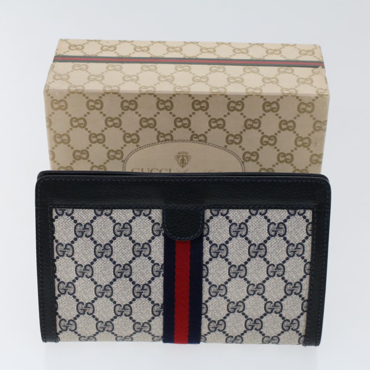 GUCCI GG Canvas Sherry Line Clutch Bag PVC Leather Navy Red