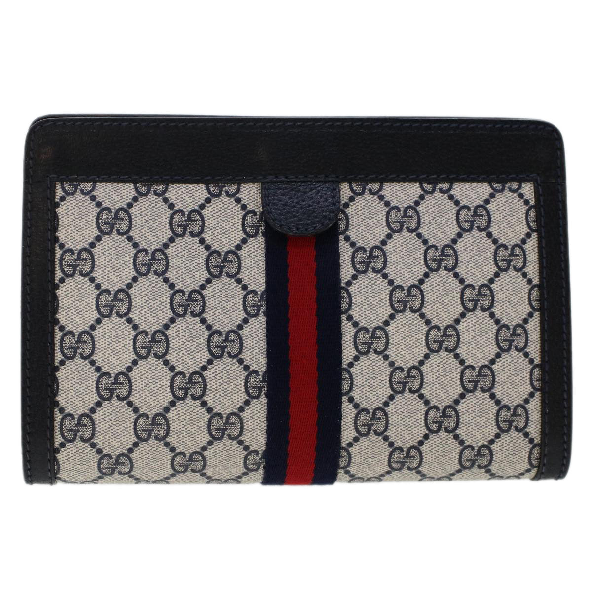 GUCCI GG Canvas Sherry Line Clutch Bag PVC Leather Navy Red