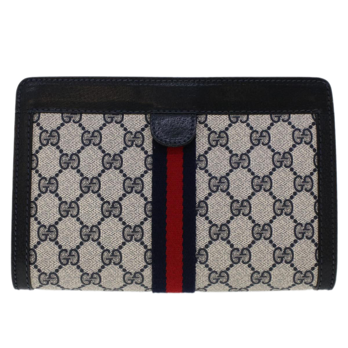 GUCCI GG Canvas Sherry Line Clutch Bag PVC Leather Navy Red